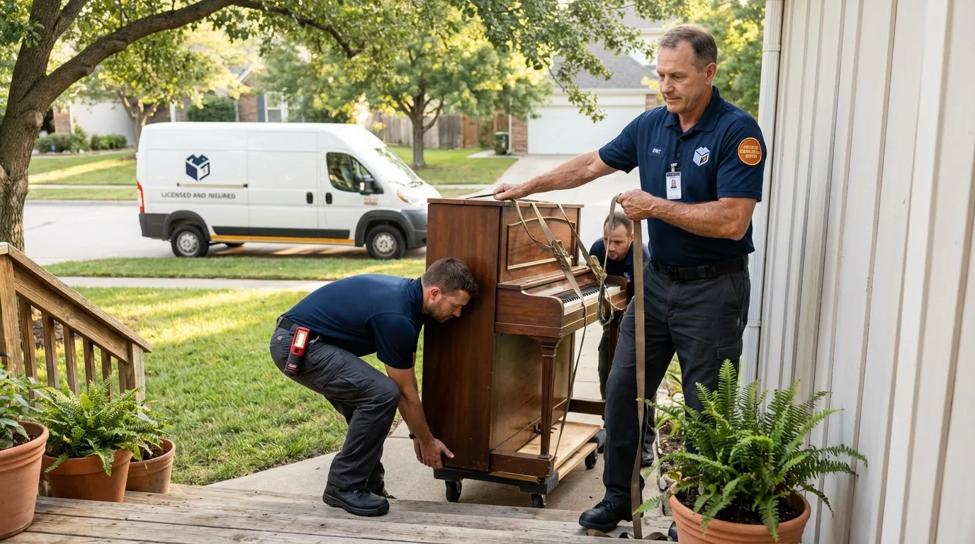 Licensed piano movers securing grand piano in Cutchogue, NY