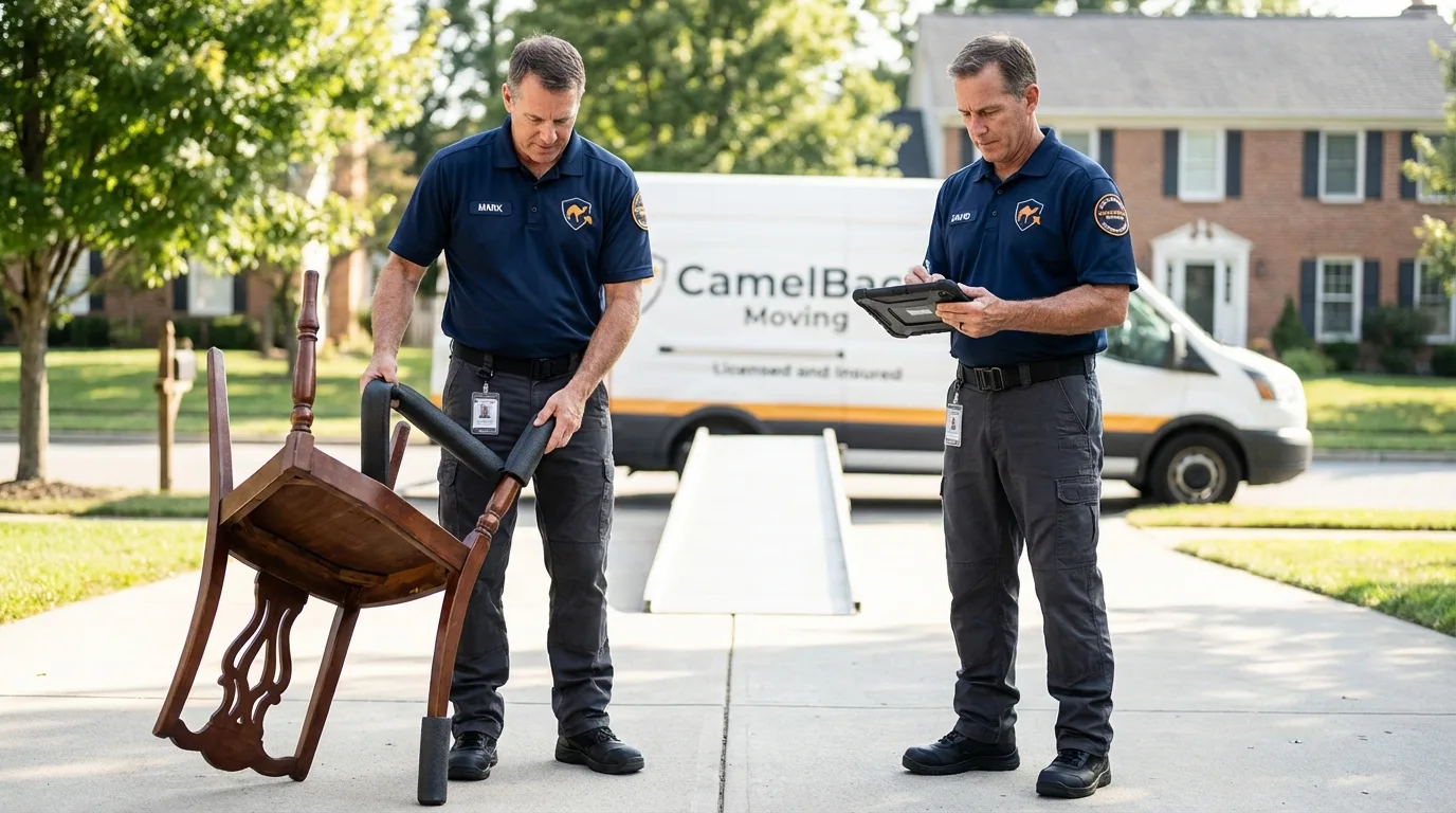 Movers inspecting furniture for damage prevention before loading in Cutchogue, NY