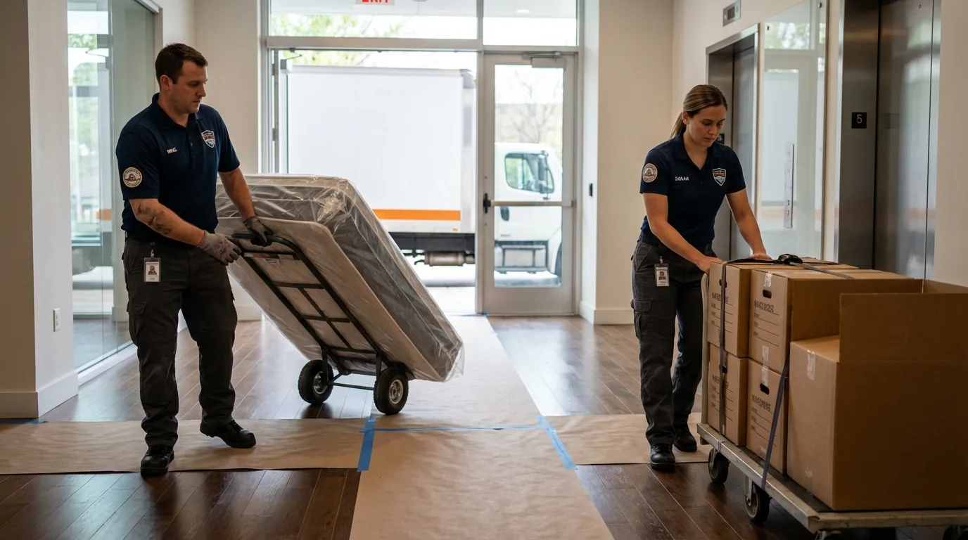 Professional apartment movers loading elevator in Cutchogue, NY