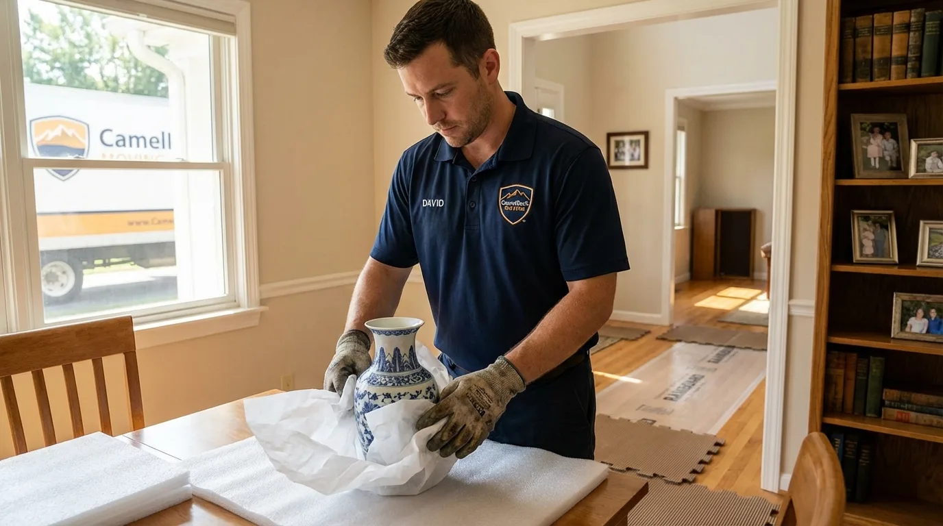 Professional crew carefully wrapping antique vase for senior downsizing move in Cutchogue, NY