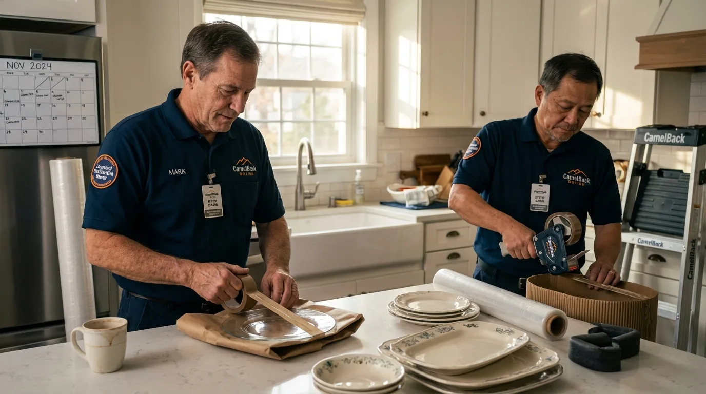 Professional crew packing kitchen dishware in Cutchogue, NY